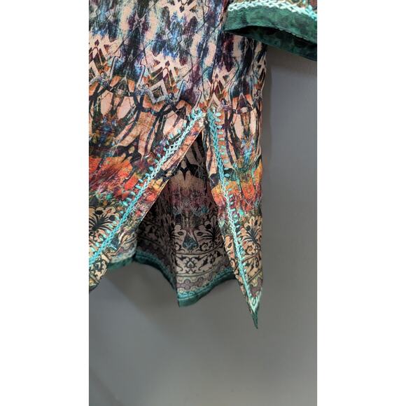 Dolma Silk Hand Embroidered Henley Tunic Teal Turquoise Green Floral Medium O - Picture 6 of 10